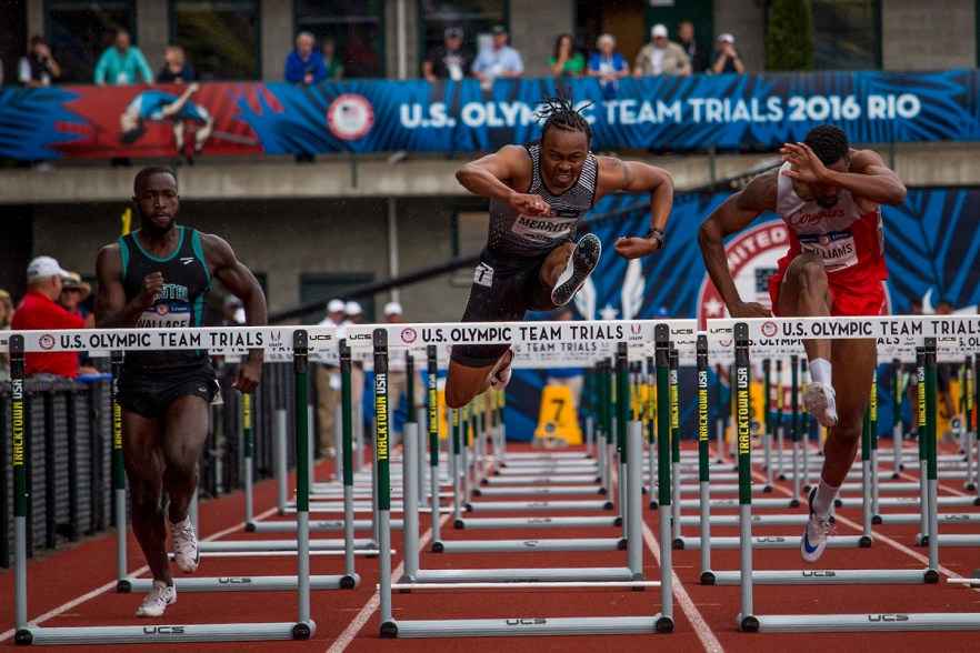 Coastal Carolina Desmond Wallace, Nike’s Aries Merritt, and Houston Cougars Issac Williams attempt their final hurdles as they race to the finish in the prelims of the men’s 110 meter hurdles. Day Eight of the U.S. Olympic Trials Track and Field continued on Friday at Hayward Field in Eugene, Ore. and will continue through July 10. Photo by Katie Pietzold