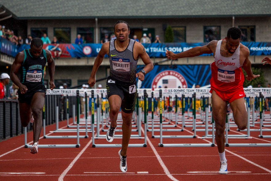 Coastal Carolina Desmond Wallace, Nike’s Aries Merritt, and Houston Cougars Issac Williams compete in the prelims of the men’s 110 meter hurdles. Day Eight of the U.S. Olympic Trials Track and Field continued on Friday at Hayward Field in Eugene, Ore. and will continue through July 10. Photo by Katie Pietzold