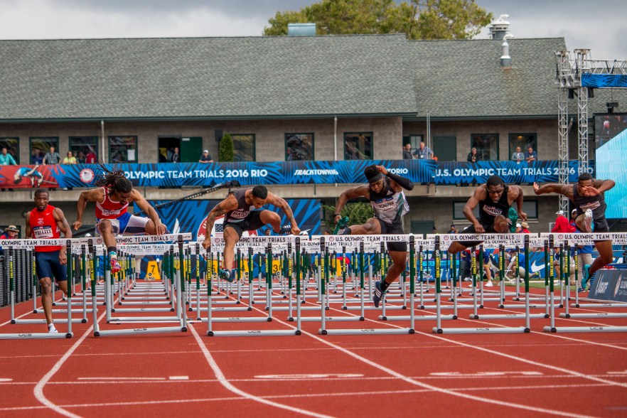 Athletes compete in the prelims of the men’s 110 meter hurdles. Day Eight of the U.S. Olympic Trials Track and Field continued on Friday at Hayward Field in Eugene, Ore. and will continue through July 10. Photo by Katie Pietzold