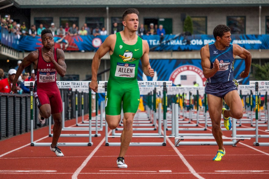 South Carolina Gamecock Dondre Echols, Oregon Duck Devon Allen, and Ryan Wilson compete in the prelims of the men’s 110 meter hurdles. Day Eight of the U.S. Olympic Trials Track and Field continued on Friday at Hayward Field in Eugene, Ore. and will continue through July 10. Photo by Katie Pietzold