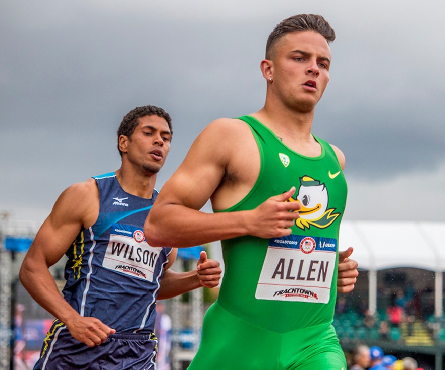 Ryan Wilson and Oregon Duck Devon Allen run through the finish of the men’s 110 meter hurdle prelims. Day Eight of the U.S. Olympic Trials Track and Field continued on Friday at Hayward Field in Eugene, Ore. and will continue through July 10. Photo by Katie Pietzold