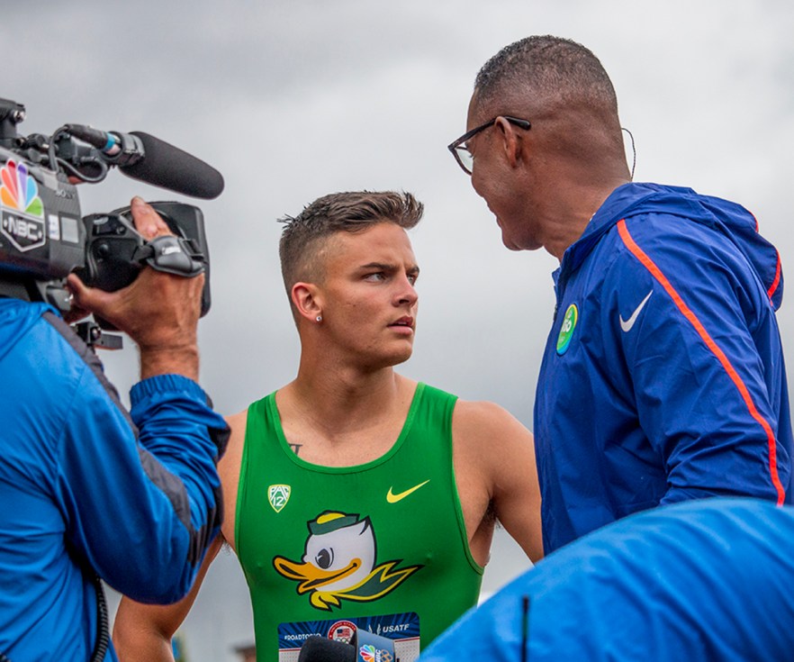 Oregon Duck Devon Allen looks to the display board as a replay of his race in the men’s 110 meter hurdle prelims plays. Day Eight of the U.S. Olympic Trials Track and Field continued on Friday at Hayward Field in Eugene, Ore. and will continue through July 10. Photo by Katie Pietzold