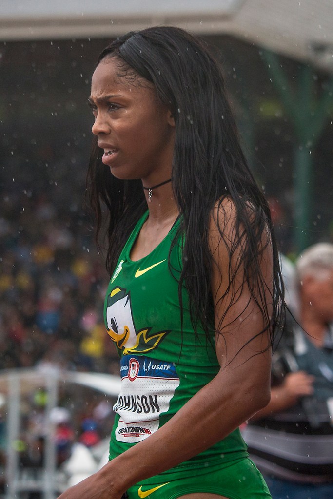 Oregon Duck Alaysha Johnson looks to her competitors after finishing her attempt in the semi-finals of the women’s 100 meter hurdles. Day Eight of the U.S. Olympic Trials Track and Field continued on Friday at Hayward Field in Eugene, Ore. and will continue through July 10. Photo by Katie Pietzold