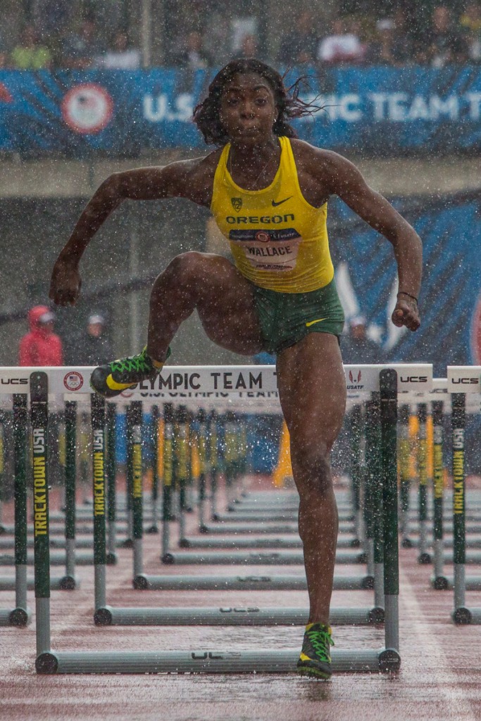 Oregon Duck Sasha Wallace completes the final hurdle as she races towards the finish line in the semi-finals of the women’s 100 meter hurdles. Day Eight of the U.S. Olympic Trials Track and Field continued on Friday at Hayward Field in Eugene, Ore. and will continue through July 10. Photo by Katie Pietzold
