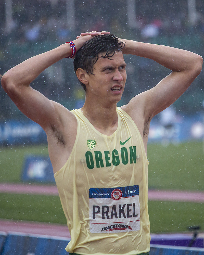 Oregon Duck Sam Prakel catches his breath after crossing the finish line of the men’s 1,500 meter run semis. Day Eight of the U.S. Olympic Trials Track and Field continued on Friday at Hayward Field in Eugene, Ore. and will continue through July 10. Photo by Katie Pietzold