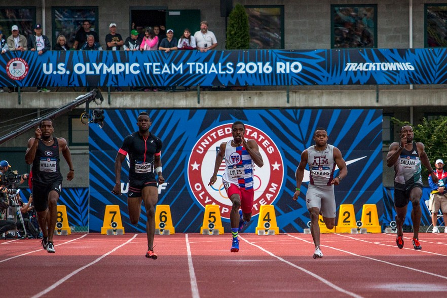 Runners compete in the second heat of the men’s 200 meter dash prelims. Day Eight of the U.S. Olympic Trials Track and Field continued on Friday at Hayward Field in Eugene, Ore. and will continue through July 10. Photo by Katie Pietzold