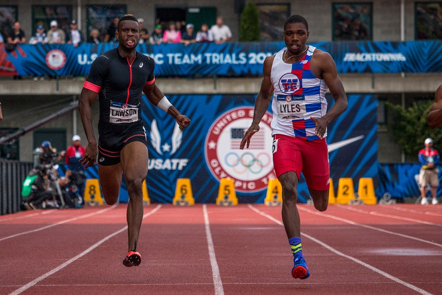 Asics Jarrion Lawson and high school athlete Noah Lyles race to the finish in the second heat of the men’s 200 meter dash prelims. Day Eight of the U.S. Olympic Trials Track and Field continued on Friday at Hayward Field in Eugene, Ore. and will continue through July 10. Photo by Katie Pietzold