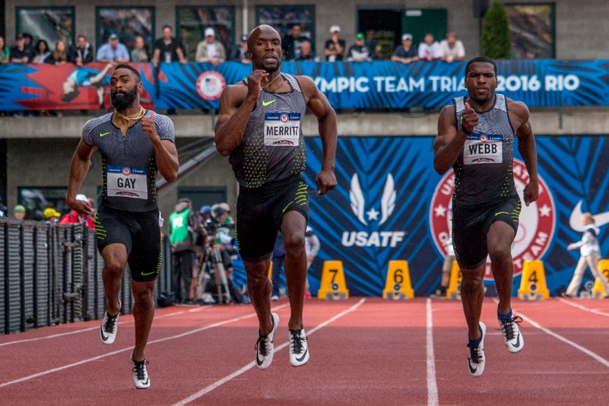Tyson Gay, Nike’s LaShawn Merritt, and Nike’s Ameer Webb race to the finish line of the men’s 200 meter dash prelims. Day Eight of the U.S. Olympic Trials Track and Field continued on Friday at Hayward Field in Eugene, Ore. and will continue through July 10. Photo by Katie Pietzold