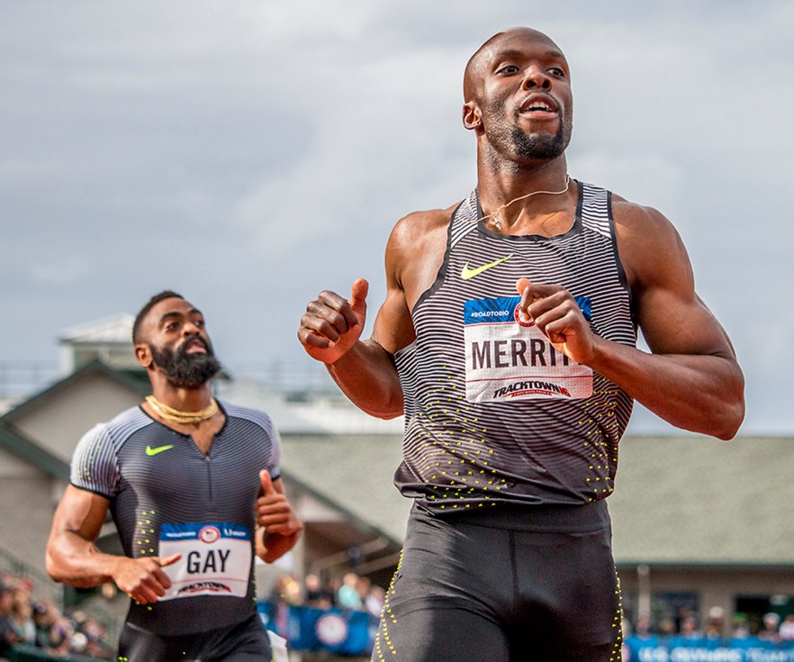 Tyson Gay and Nike’s LaShawn Merritt run through the finish line of the men’s 200 meter dash prelims as they look to the display board for their times. Merritt ran the fastest time in the world this year in 19.74 seconds. Day Eight of the U.S. Olympic Trials Track and Field continued on Friday at Hayward Field in Eugene, Ore. and will continue through July 10. Photo by Katie Pietzold