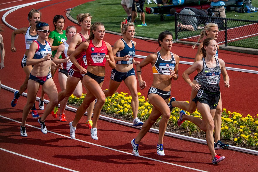 Runners prepare to jump over the water pit during the women’s 3,000 meter steeplechase. Day Four of the U.S. Olympic Trials Track and Field were held Monday at Hayward Field in Eugene, Ore. and will continue through July 10. Photo by Katie Pietzold