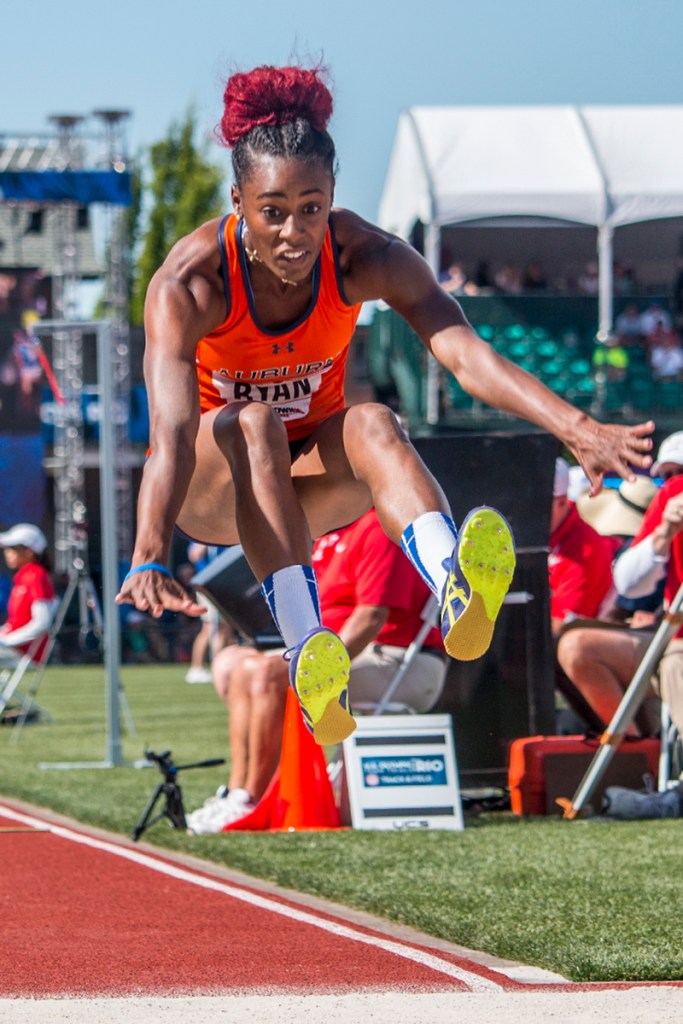 Auburn Tiger Marshay Ryan completes a jump during the semi-finals of the women’s triple jump. Day Four of the U.S. Olympic Trials Track and Field were held Monday at Hayward Field in Eugene, Ore. and will continue through July 10. Photo by Katie Pietzold
