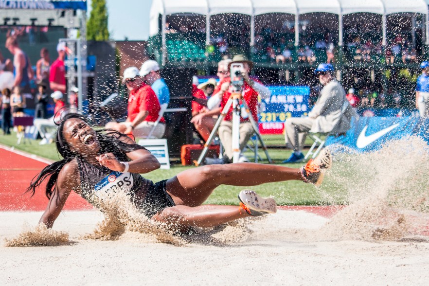 Christina Epps completes an attempt during the prelims of the women’s triple jump. Day Four of the U.S. Olympic Trials Track and Field were held Monday at Hayward Field in Eugene, Ore. and will continue through July 10. Photo by Katie Pietzold