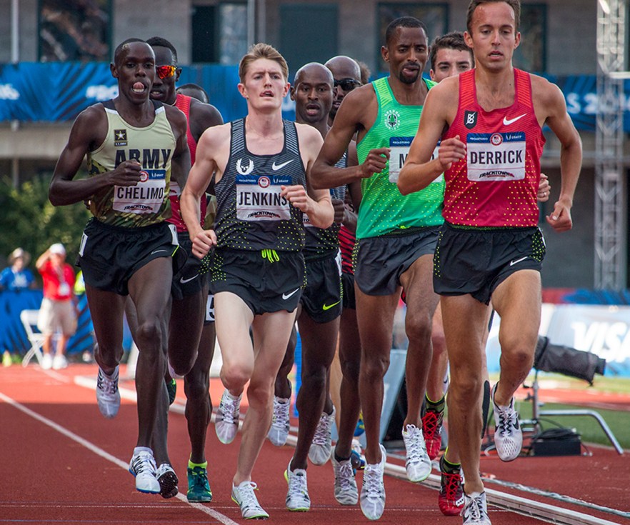 U.S. Army’s Paul Chelimo, Nike OP Eric Jenkins, Nike OTC Hassan Mead, and Bowerman Track Club Chris Derrick lead a lap of the men’s 5,000 meter run. Day Four of the U.S. Olympic Trials Track and Field were held Monday at Hayward Field in Eugene, Ore. and will continue through July 10. Photo by Katie Pietzold