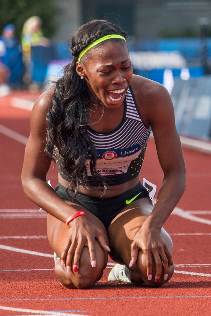 Nike’s Chrishuna Williams yells and cries as she qualfies for Rio after placing third in the women’s 800 meter final. Day Four of the U.S. Olympic Trials Track and Field were held Monday at Hayward Field in Eugene, Ore. and will continue through July 10. Photo by Katie Pietzold