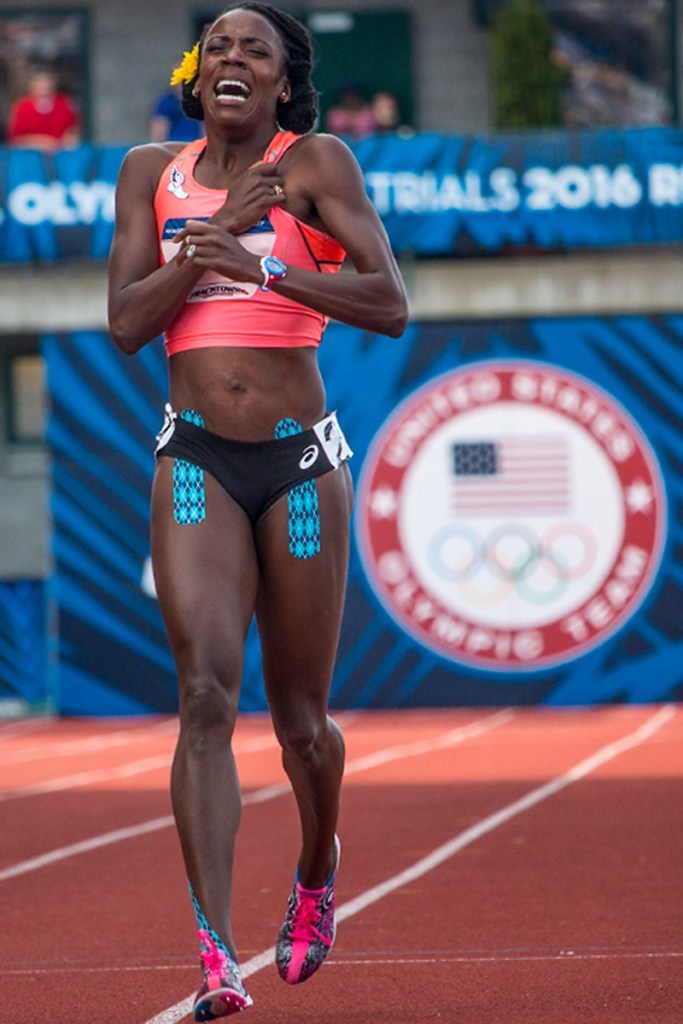 Asics’ runner and former Olympian Alysia Montano attempts to run to the finish line of the women’s 800 meter final. Just before the final stretch, Montano collided with another runner and fell. Montano was unable to get up and complete the race after multiple attempts at getting back up. Day Four of the U.S. Olympic Trials Track and Field were held Monday at Hayward Field in Eugene, Ore. and will continue through July 10. Photo by Katie Pietzold