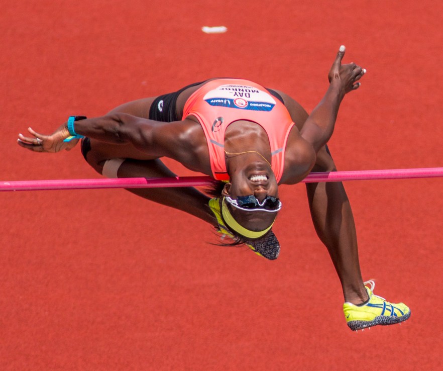 Asics’ Sharon Day-Monroe clears the bar during the heptathlon women’s high jump. Day Nine of the U.S. Olympic Trials Track and Field continued on Friday at Hayward Field in Eugene, Ore. and will continue through July 10. Photo by Katie Pietzold