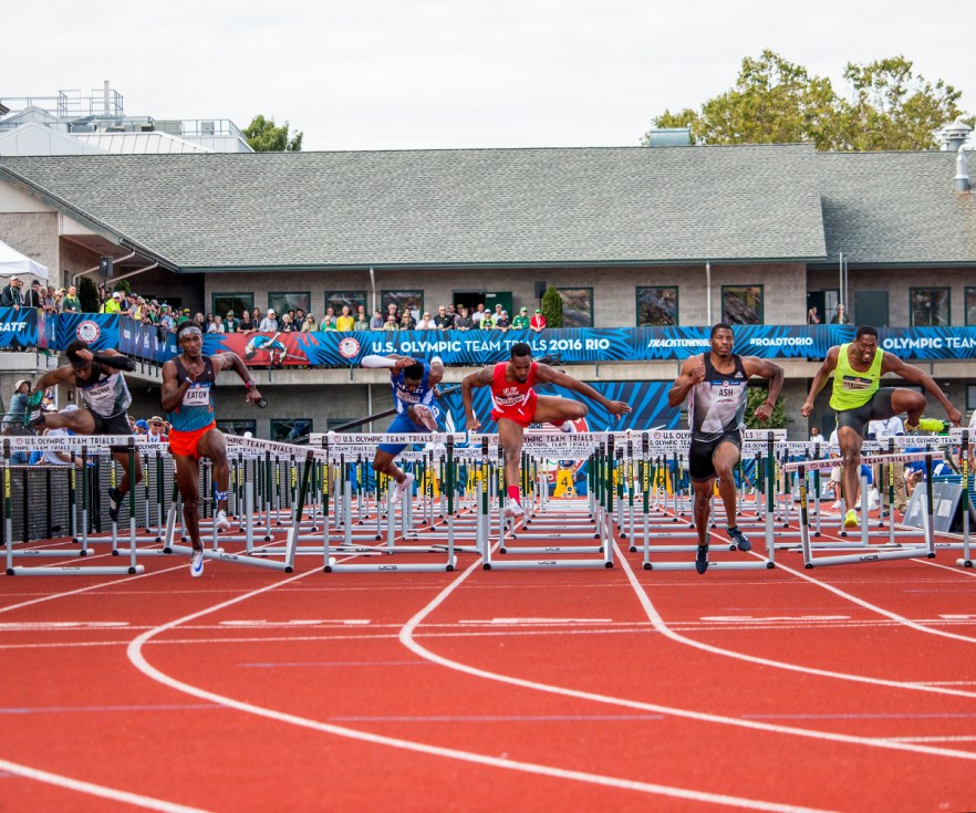 Athletes compete during the second heat of the men's 110 meter hurdle semis. Day Nine of the U.S. Olympic Trials Track and Field continued on Saturday at Hayward Field in Eugene, Ore. and will continue through July 10. Photo by Katie Pietzold
