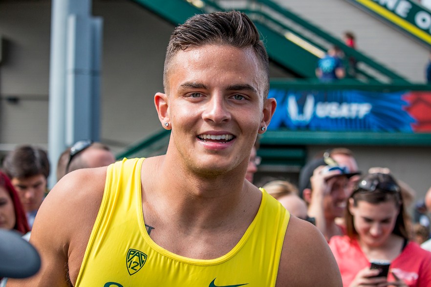 Oregon Duck Devon Allen walks through the crowd after finishing first in his heat of the men's 110 meter hurdle semis. Day Nine of the U.S. Olympic Trials Track and Field continued on Saturday at Hayward Field in Eugene, Ore. and will continue through July 10. Photo by Katie Pietzold