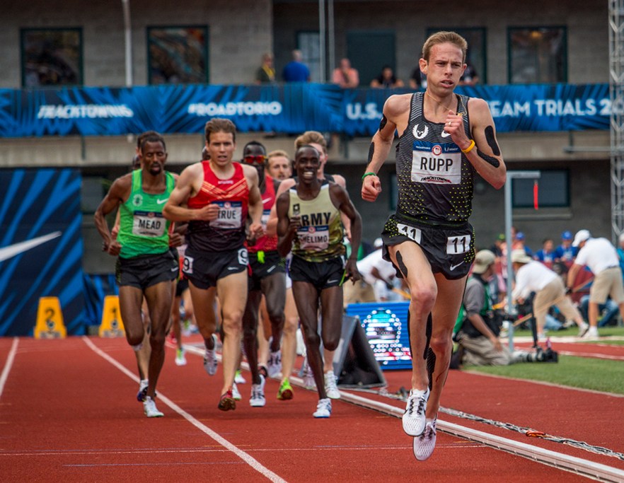 Nike OP Galen Rupp leads a lap of the men's 5,000 meter run finals. Day Nine of the U.S. Olympic Trials Track and Field continued on Saturday at Hayward Field in Eugene, Ore. and will continue through July 10. Photo by Katie Pietzold