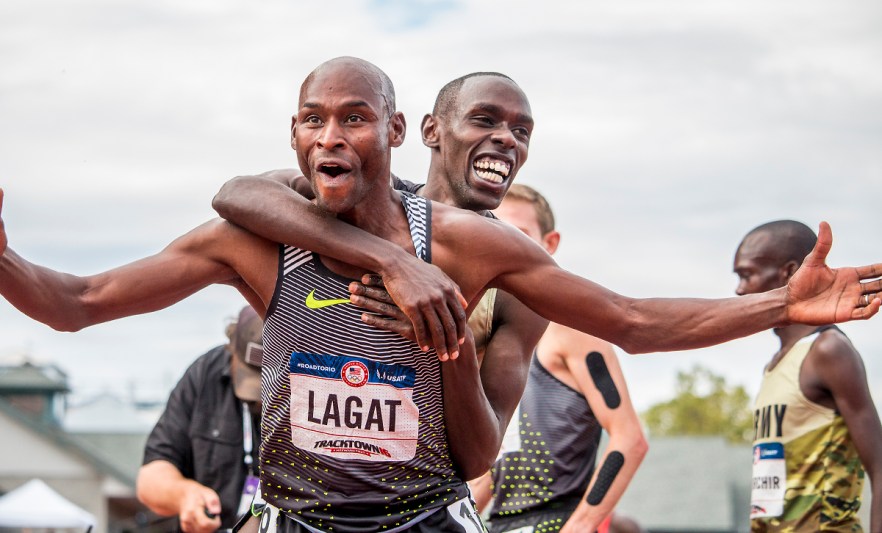 Nike's Bernard Lagat and U.S. Army's Paul Chelimo celebrate after qualifying for Rio in the men's 5,000 meter run final. Day Nine of the U.S. Olympic Trials Track and Field continued on Saturday at Hayward Field in Eugene, Ore. and will continue through July 10. Photo by Katie Pietzold