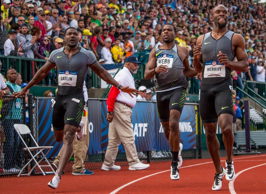 Nike athletes Justin Gatlin, Ameer Webb, and LaShawn Merritt run through the finish of the men's 200 meter dash finals and will represent the U.S. in Rio. Day Nine of the U.S. Olympic Trials Track and Field continued on Saturday at Hayward Field in Eugene, Ore. and will continue through July 10. Photo by Katie Pietzold
