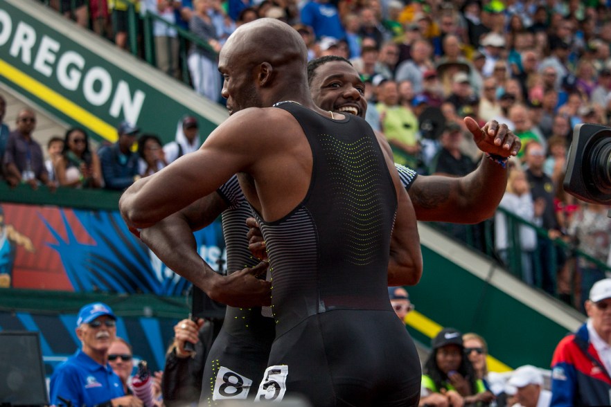 Nike athletes Justin Gatlin and LaShawn Merritt congratulate eachother after qualifying for Rio in the men's 200 meter dash finals. Day Nine of the U.S. Olympic Trials Track and Field continued on Saturday at Hayward Field in Eugene, Ore. and will continue through July 10. Photo by Katie Pietzold