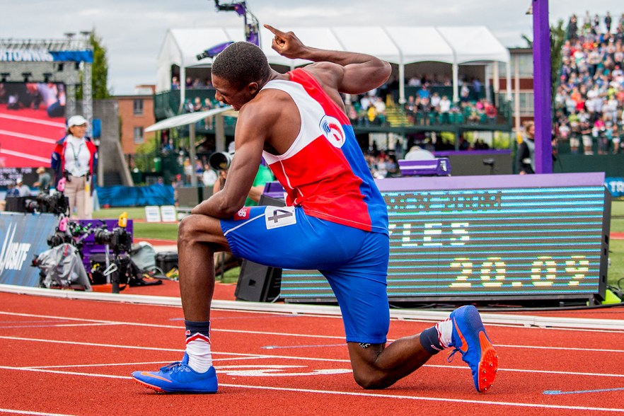 High school athelete Michael Norman celebrates running the fastest time for a high school competitor in the men's 200 meter dash finals. Norman ran a 20.14. Day Nine of the U.S. Olympic Trials Track and Field continued on Saturday at Hayward Field in Eugene, Ore. and will continue through July 10. Photo by Katie Pietzold