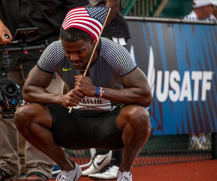 Nike's Justin Gatlin composes himself after qualifying for Rio in the men's 200 meter dash finals. Day Nine of the U.S. Olympic Trials Track and Field continued on Saturday at Hayward Field in Eugene, Ore. and will continue through July 10. Photo by Katie Pietzold