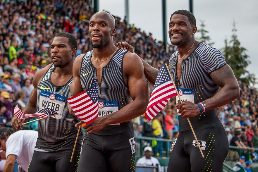 Nike athletes Justin Gatlin, Ameer Webb, and LaShawn Merritt celebrate qualifying for Rio in the men's 200 meter dash finals. Day Nine of the U.S. Olympic Trials Track and Field continued on Saturday at Hayward Field in Eugene, Ore. and will continue through July 10. Photo by Katie Pietzold