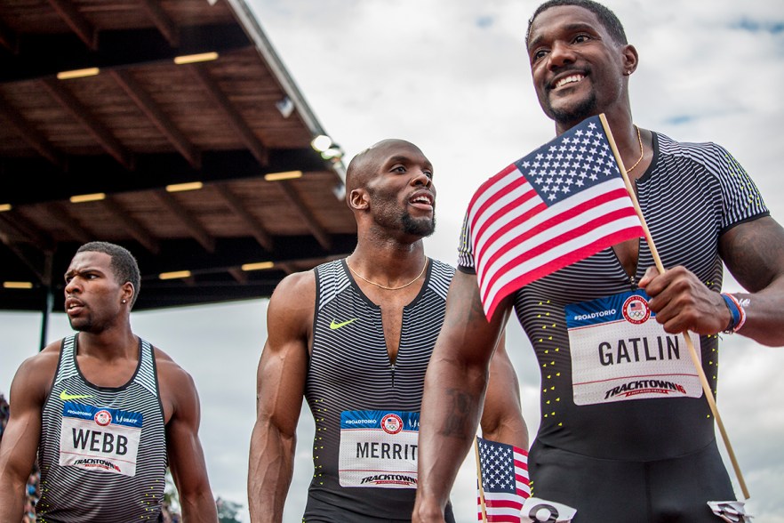 Nike athletes Justin Gatlin, Ameer Webb, and LaShawn Merritt celebrate qualifying for Rio in the men's 200 meter dash finals. Day Nine of the U.S. Olympic Trials Track and Field continued on Saturday at Hayward Field in Eugene, Ore. and will continue through July 10. Photo by Katie Pietzold