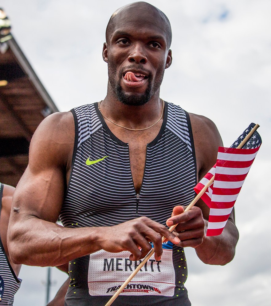 Nike athlete LaShawn Merritt celebrates qualifying for Rio in the men's 200 meter dash finals. Day Nine of the U.S. Olympic Trials Track and Field continued on Saturday at Hayward Field in Eugene, Ore. and will continue through July 10. Photo by Katie Pietzold