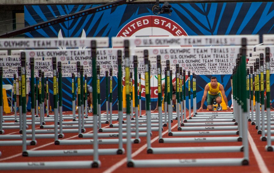 Oregon Duck Devon Allen prepares for the finals in the men's 110 meter hurdles. Allen placed first in 13.03 and will head to Rio. Day Nine of the U.S. Olympic Trials Track and Field continued on Saturday at Hayward Field in Eugene, Ore. and will continue through July 10. Photo by Katie Pietzold