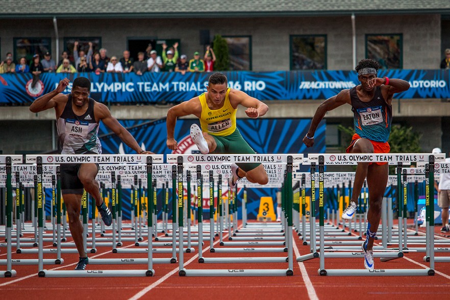 Oregon Duck Devon Allen completes the final hurdle in the men's 110 meter hurdle finals. Allen placed first in 13.03 and will represent the U.S. in Rio. Oregon Duck Devon Allen completes the sign of the cross as he prepares for the finals in the men's 110 meter hurdles. Day Nine of the U.S. Olympic Trials Track and Field continued on Saturday at Hayward Field in Eugene, Ore. and will continue through July 10. Photo by Katie Pietzold