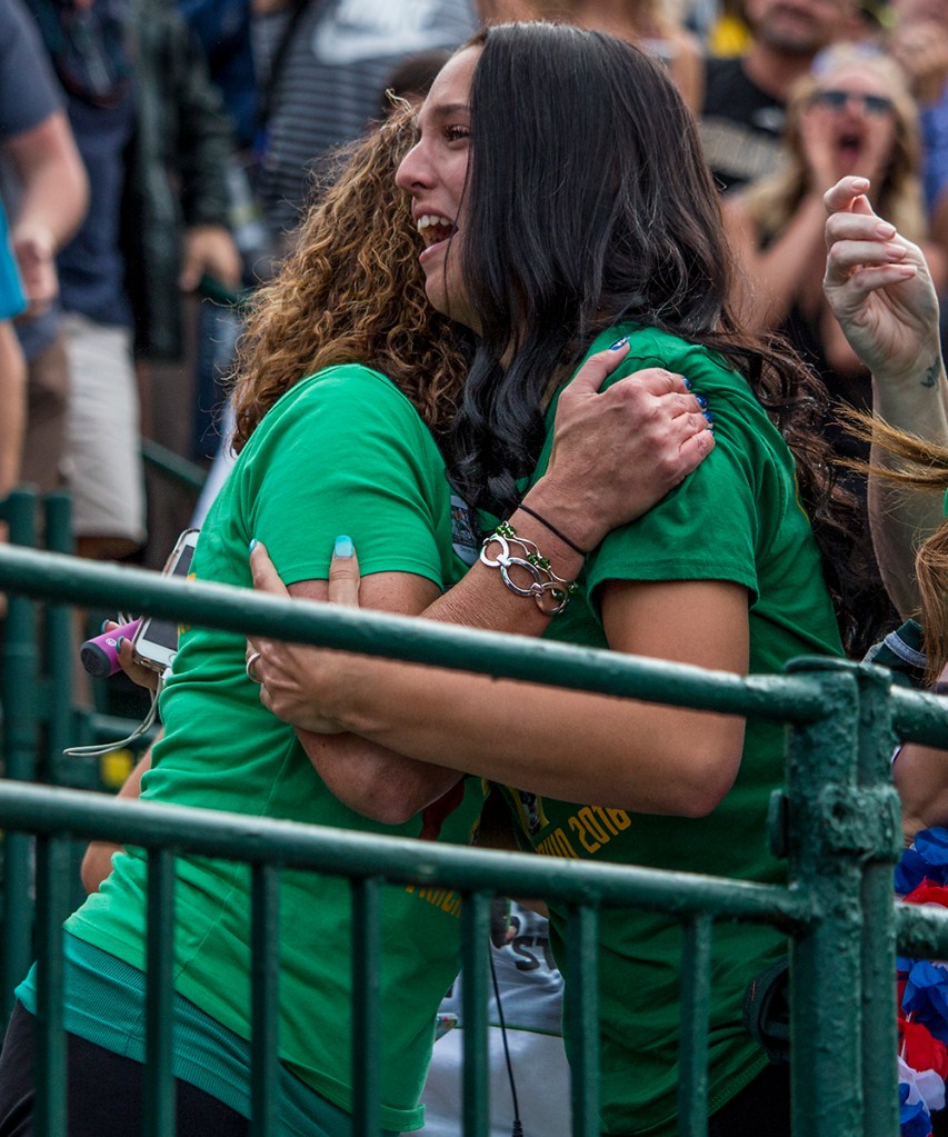 Oregon Duck Devon Allen's twin sister Carissa Allen cries as she celebrates his victory in the men's 110 meter hurdle finals. Allen placed first in the event running a 13.03. Day Nine of the U.S. Olympic Trials Track and Field continued on Saturday at Hayward Field in Eugene, Ore. and will continue through July 10. Photo by Katie Pietzold