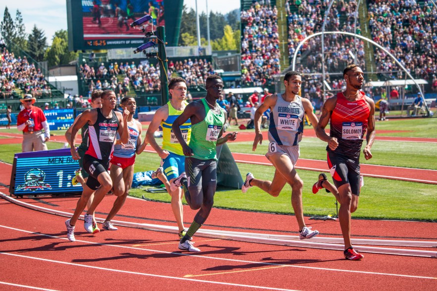 Runners compete in the first heat of the prelims for the men’s 800 meter run. Windle and White qualified for the finals on Thursday with 1:48.66 and 1:48.68. Day One of the U.S. Olympic Trials Track and Field began on Friday at Hayward Field in Eugene, Ore. and will continue through July 10. Photo by Katie Pietzold