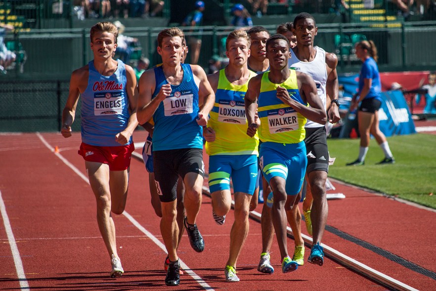 Ole Miss Rebel Craig Engels, Chris Low, Brooks/Beasts TC Casimir Loxsom, and Brooks’ Shaquille Walker compete in the third heat of the prelims for the men’s 800 meter run. Loxsom and Walker both qualified for the finals on Thursday with the same time of 1:47.76. Day One of the U.S. Olympic Trials Track and Field began on Friday at Hayward Field in Eugene, Ore. and will continue through July 10. Photo by Katie Pietzold