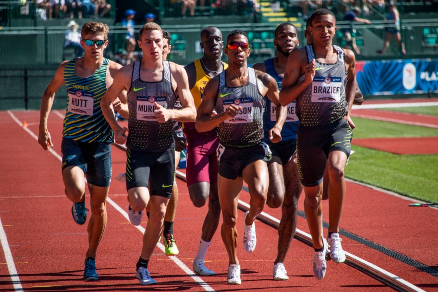 Hoka’s Mike Rutt, Clayton Murphy, Nike’s Brandon Johnson, and Donovan Brazier compete in the fourth heat of the prelims for the men’s 800 meter run. Murphy and Johnson qualified for the finals on Thursday with 1:47.61 and 1:47.62. Day One of the U.S. Olympic Trials Track and Field began on Friday at Hayward Field in Eugene, Ore. and will continue through July 10. Photo by Katie Pietzold