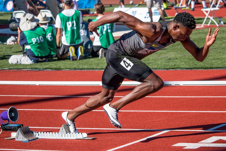 Nike’s Michael Berry competes in the second heat of the prelims for the men’s 400 meter dash. Berry finished third with a 45.79 second run, however he did not qualify for the finals. Day One of the U.S. Olympic Trials Track and Field began on Friday at Hayward Field in Eugene, Ore. and will continue through July 10. Photo by Katie Pietzold