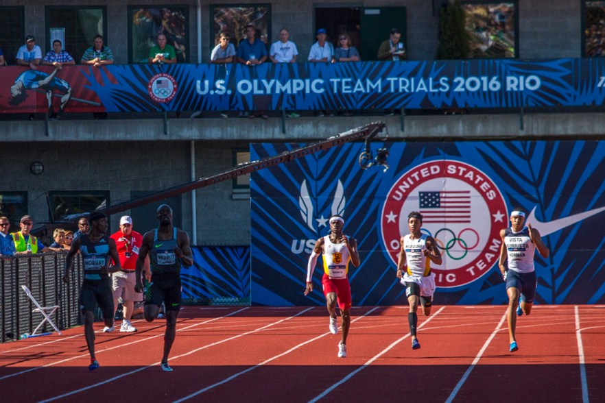 Runners compete in the third heat of the prelims for the men’s 400 meter dash. Nike’s LaShawn Merritt and Adidas’ Tony McQuay qualified for the finals with 45.54 and 45.94 respectively. Day One of the U.S. Olympic Trials Track and Field began on Friday at Hayward Field in Eugene, Ore. and will continue through July 10. Photo by Katie Pietzold