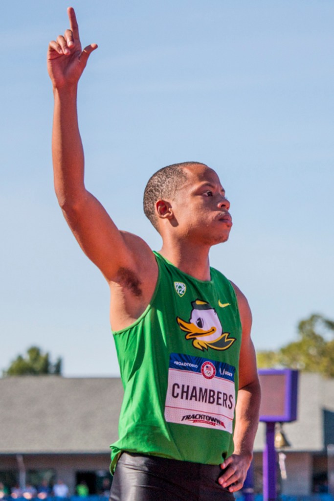 Oregon Duck Marcus Chambers acknowledges the crowd as he warms up for the prelims in the men’s 400 meter dash. Chambers qualified for the finals after finishing second in his heat with a 45.87. Day One of the U.S. Olympic Trials Track and Field began on Friday at Hayward Field in Eugene, Ore. and will continue through July 10. Photo by Katie Pietzold