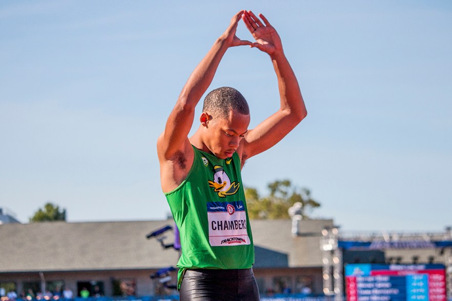 Oregon Duck Marcus Chambers throws up an “O” to the crowd as he’s announced for the prelims in the men’s 400 meter dash. Chambers qualified for the finals after finishing second in his heat with a 45.87. Day One of the U.S. Olympic Trials Track and Field began on Friday at Hayward Field in Eugene, Ore. and will continue through July 10. Photo by Katie Pietzold