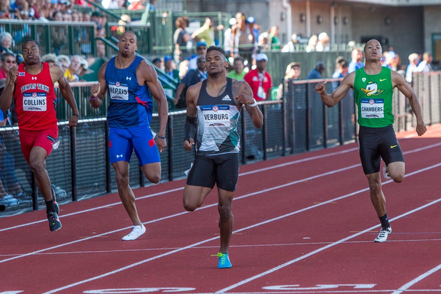 Texas Tech’s Kyle Collins, James Harris, Adidas’ David Verburg, and Oregon Duck Marcus Chambers race to the finish during the prelilms of the men’s 400 meter dash. Verburg and Chambers qualified for the finals after finishing in 45.31 and 45.87 respectively. Day One of the U.S. Olympic Trials Track and Field began on Friday at Hayward Field in Eugene, Ore. and will continue through July 10. Photo by Katie Pietzold