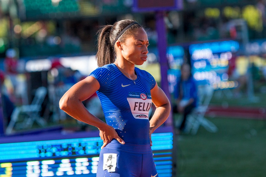 Allyson Felix, 2012 London Olympic’s gold medalist and runner for Nike, prepares for the women’s preliminary 400 meter dash. Felix will compete in the semi-finals on Saturday after qualifying with a 51.96. Day One of the U.S. Olympic Trials Track and Field began on Friday at Hayward Field in Eugene, Ore. and will continue through July 10. Photo by Katie Pietzold
