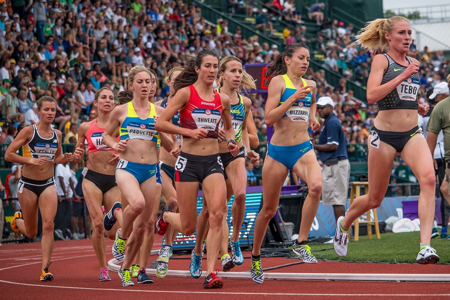 Runners compete during the first round of the women’s 5,000 meter run. Day Seven of the U.S. Olympic Trials Track and Field were held Thursday at Hayward Field in Eugene, Ore. and will continue through July 10. Photo by Katie Pietzold