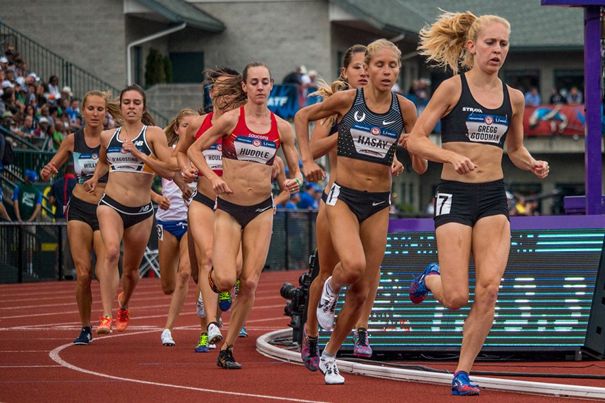 Runners compete during the first round of the women’s 5,000 meter run. Day Seven of the U.S. Olympic Trials Track and Field were held Thursday at Hayward Field in Eugene, Ore. and will continue through July 10. Photo by Katie Pietzold