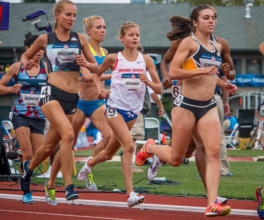 Adidas Rocky M E Alisha Williams, Boise State Bronco Allie Ostrander, and New Balance Abbey D’Agostino compete in the first round of the women’s 5,000 meter run. Day Seven of the U.S. Olympic Trials Track and Field were held Thursday at Hayward Field in Eugene, Ore. and will continue through July 10. Photo by Katie Pietzold