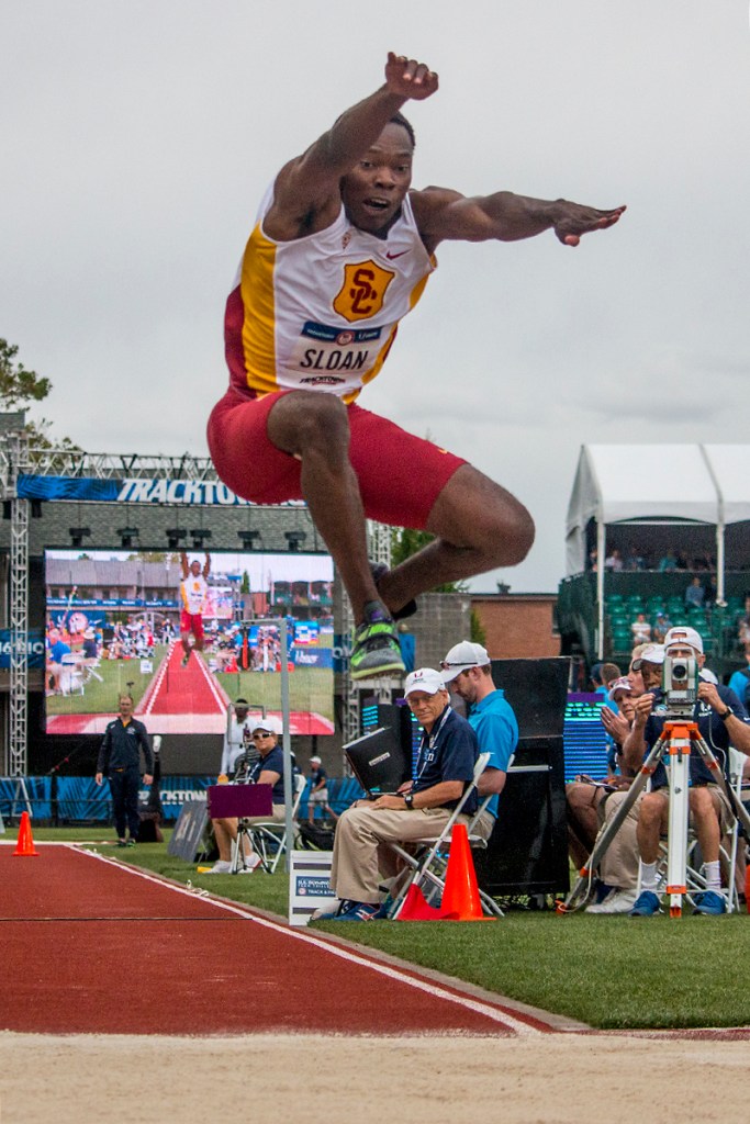 USC Trojan Eric Sloan makes an attempt during the men’s triple jump. Day Seven of the U.S. Olympic Trials Track and Field were held Thursday at Hayward Field in Eugene, Ore. and will continue through July 10. Photo by Katie Pietzold