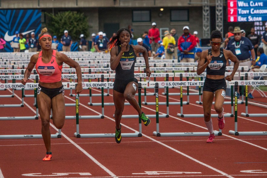 Asics Queen Harrison, Oregon Duck Sasha Wallace, and Tiana Davis complete the last hurdle in the prelims of the women’s 100 meter hurdles. Day Seven of the U.S. Olympic Trials Track and Field were held Thursday at Hayward Field in Eugene, Ore. and will continue through July 10. Photo by Katie Pietzold