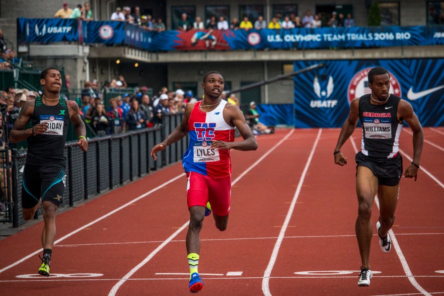 Trentavis Friday, Noah Lyles, and Georgia Bulldog Kendal Williams cross through the finish line of the prelims in the men’s 200 meter dash. Day Seven of the U.S. Olympic Trials Track and Field were held Thursday at Hayward Field in Eugene, Ore. and will continue through July 10. Photo by Katie Pietzold