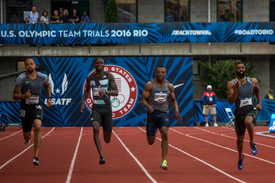 Wallace Spearmon, Adidas Curtis Mitchell, Ultimate Speed’s Arthur Delaney, and Tyson Gay race to the finish line in the prelims of the men’s 200 meter dash. Day Seven of the U.S. Olympic Trials Track and Field were held Thursday at Hayward Field in Eugene, Ore. and will continue through July 10. Photo by Katie Pietzold